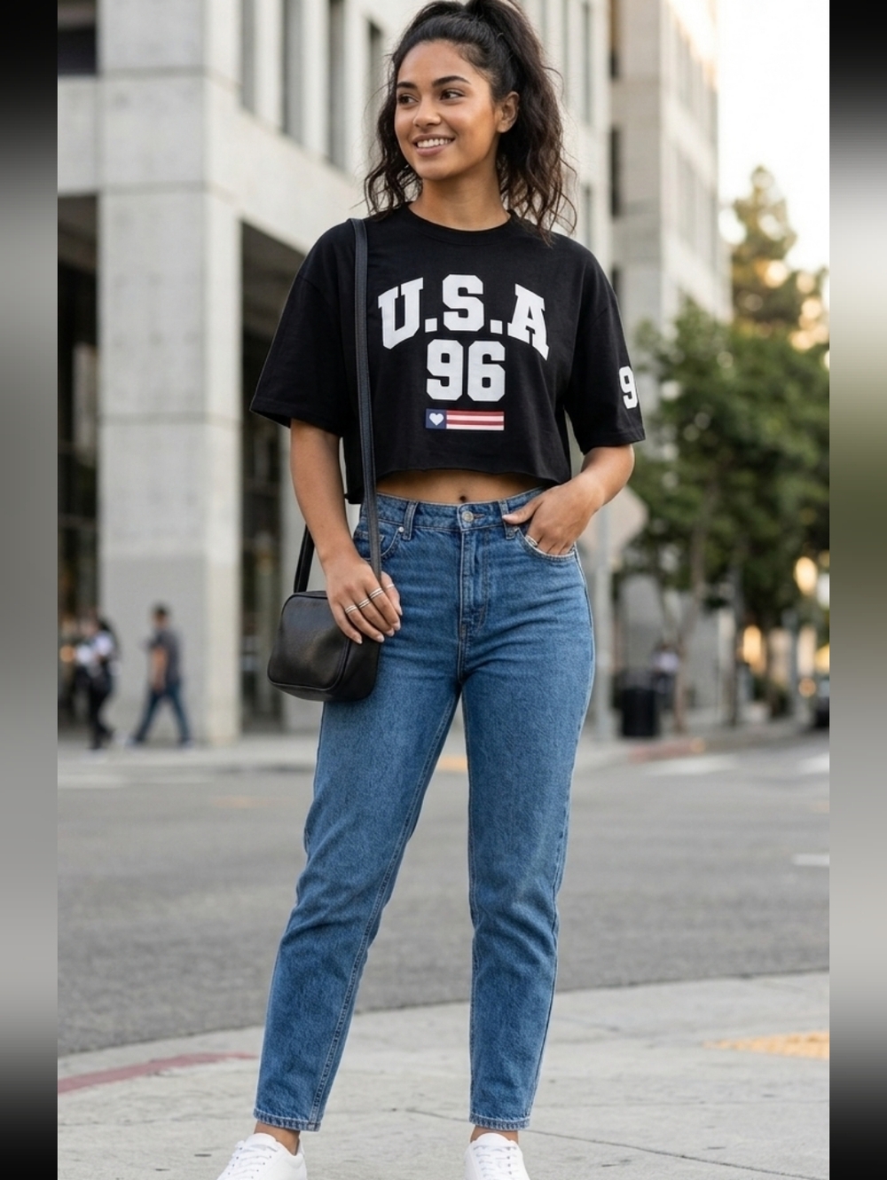 Balanced Motion USA 96 Graphic Crop Top XL Black 90s Style Olympic